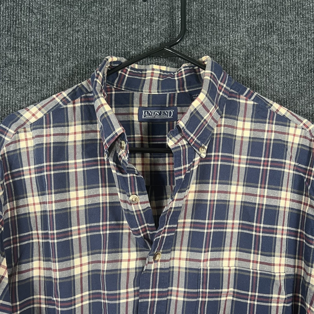 Lands' End Men's Large Tall Plaid Button Down Long Sleeve Shirt Navy Yellow